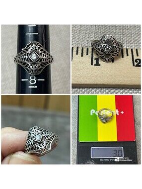 VTG Avon Sterling Silver White Quartz Pierced Filigree Ring Size 7.25 !!!